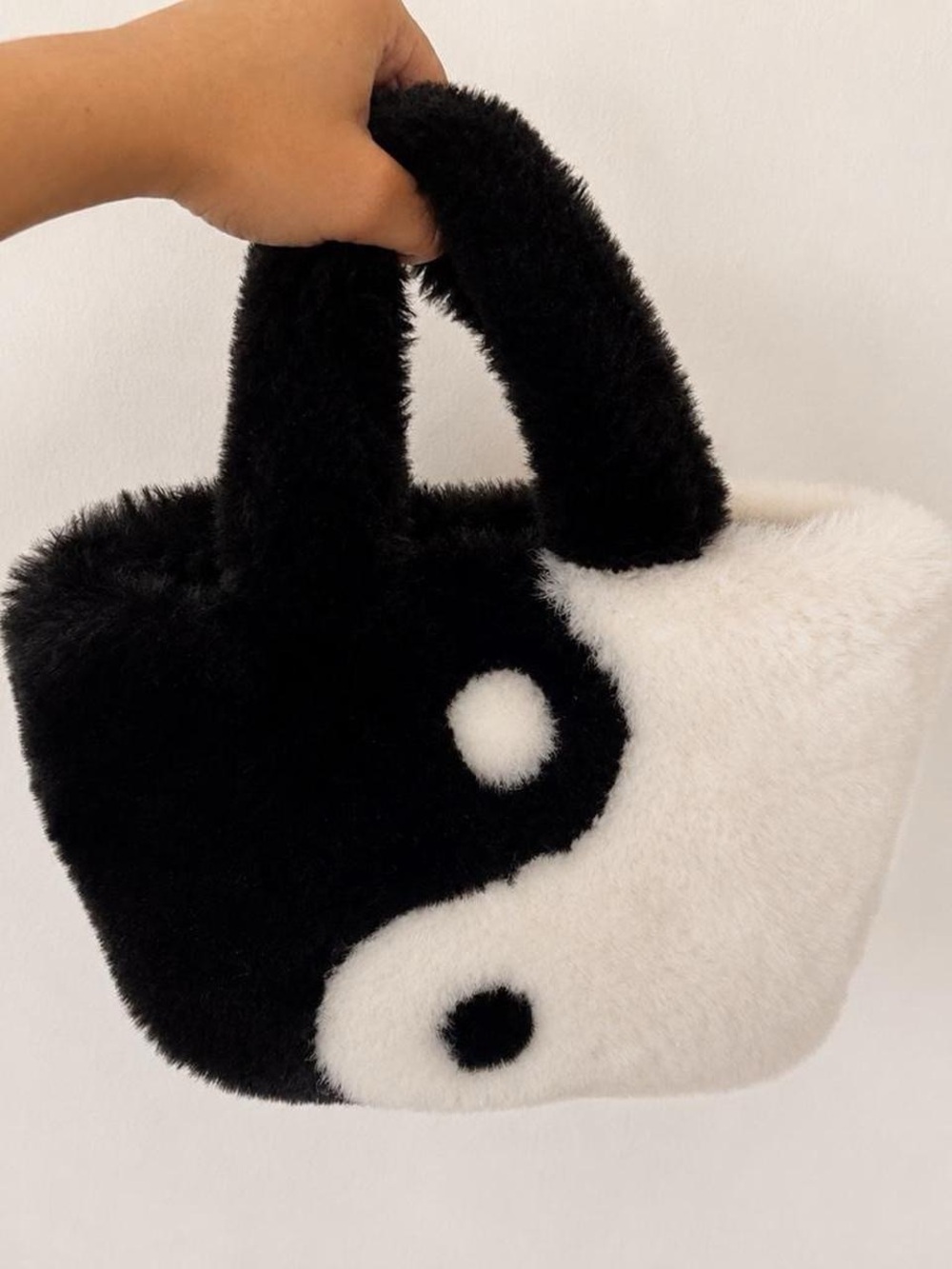 Plush Yin Yang Top-Handle Tote Bag in Black and White